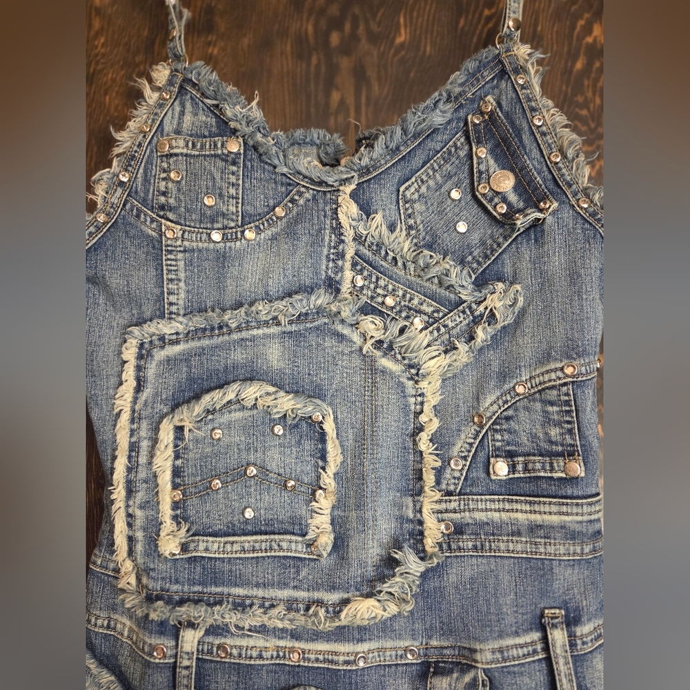 *RARE* Platinum Plush Edgy Blue Denim Patchwork Dress Sz M - Picture 5 of 16